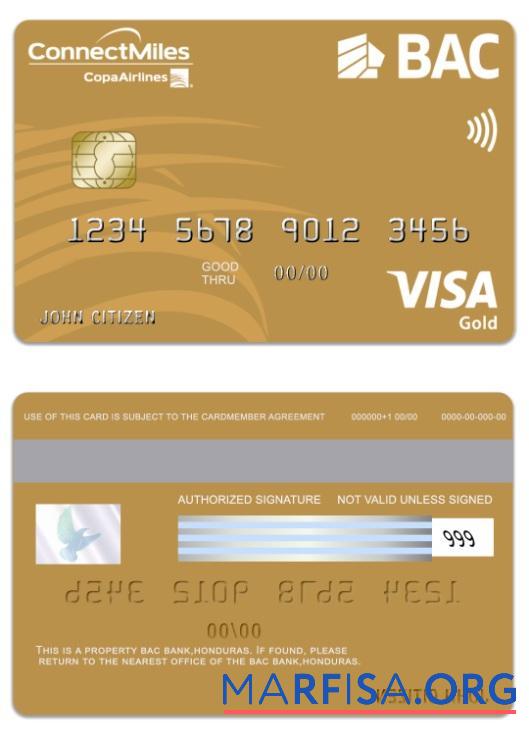 Blank Honduras BAC Bank visa gold card example